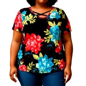 Celeste 2X Black Floral Women's Sleeve Top Shirt Blouse Plus Sz 18W 20W XXL 2XL